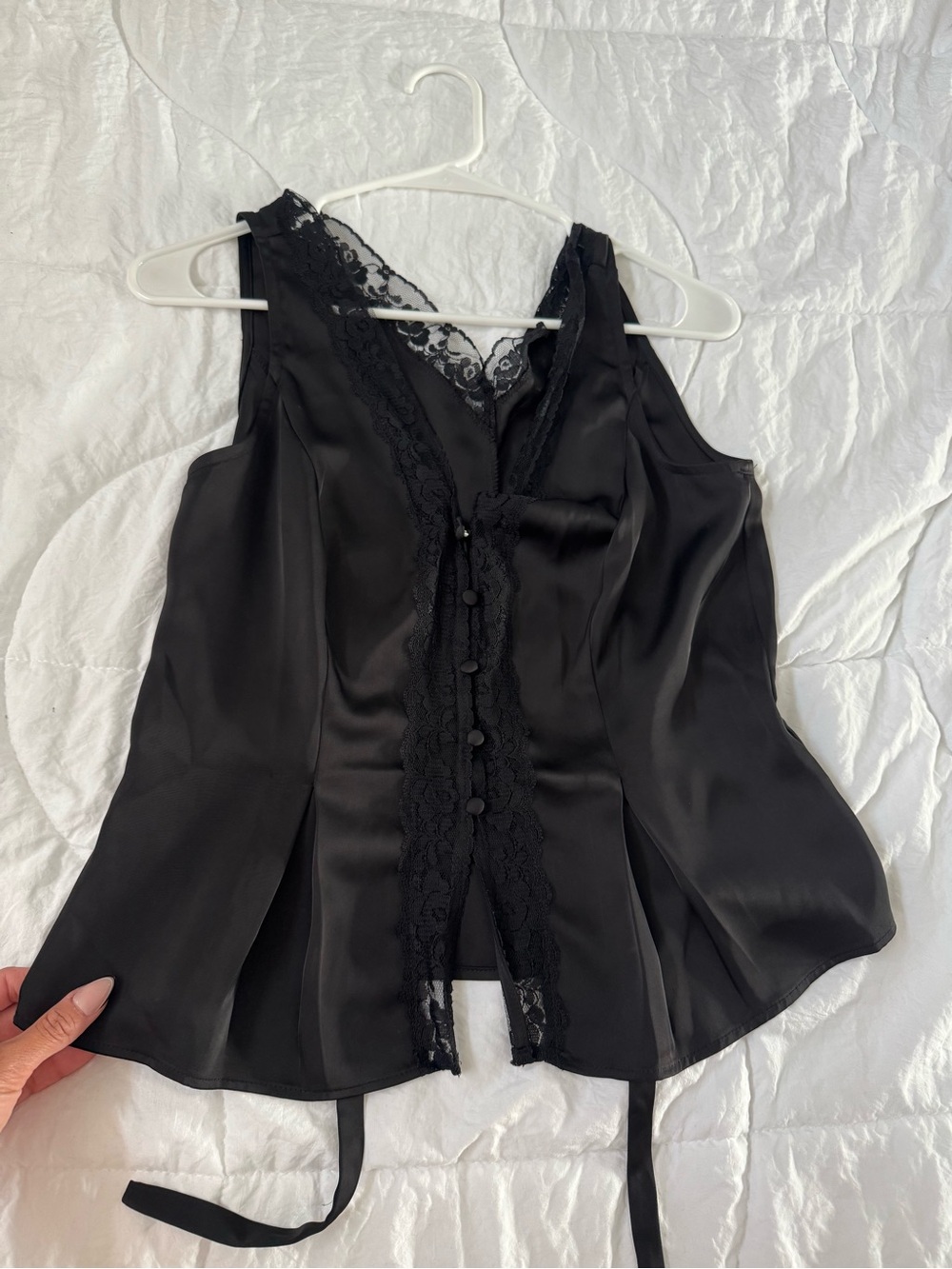 Black Lace-Trim Satin Blouse Tank